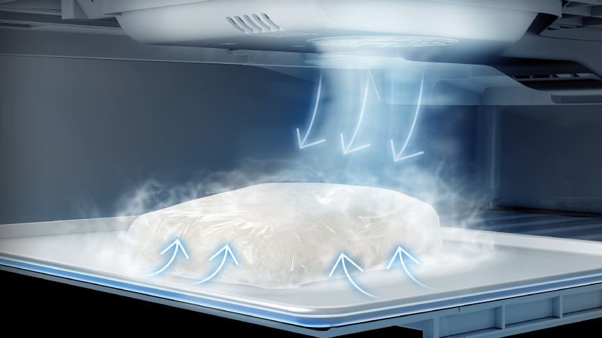 パナソニックのクーリングアシストルームで、上下から冷気を当てて食品を急速冷凍しているイメージ図。