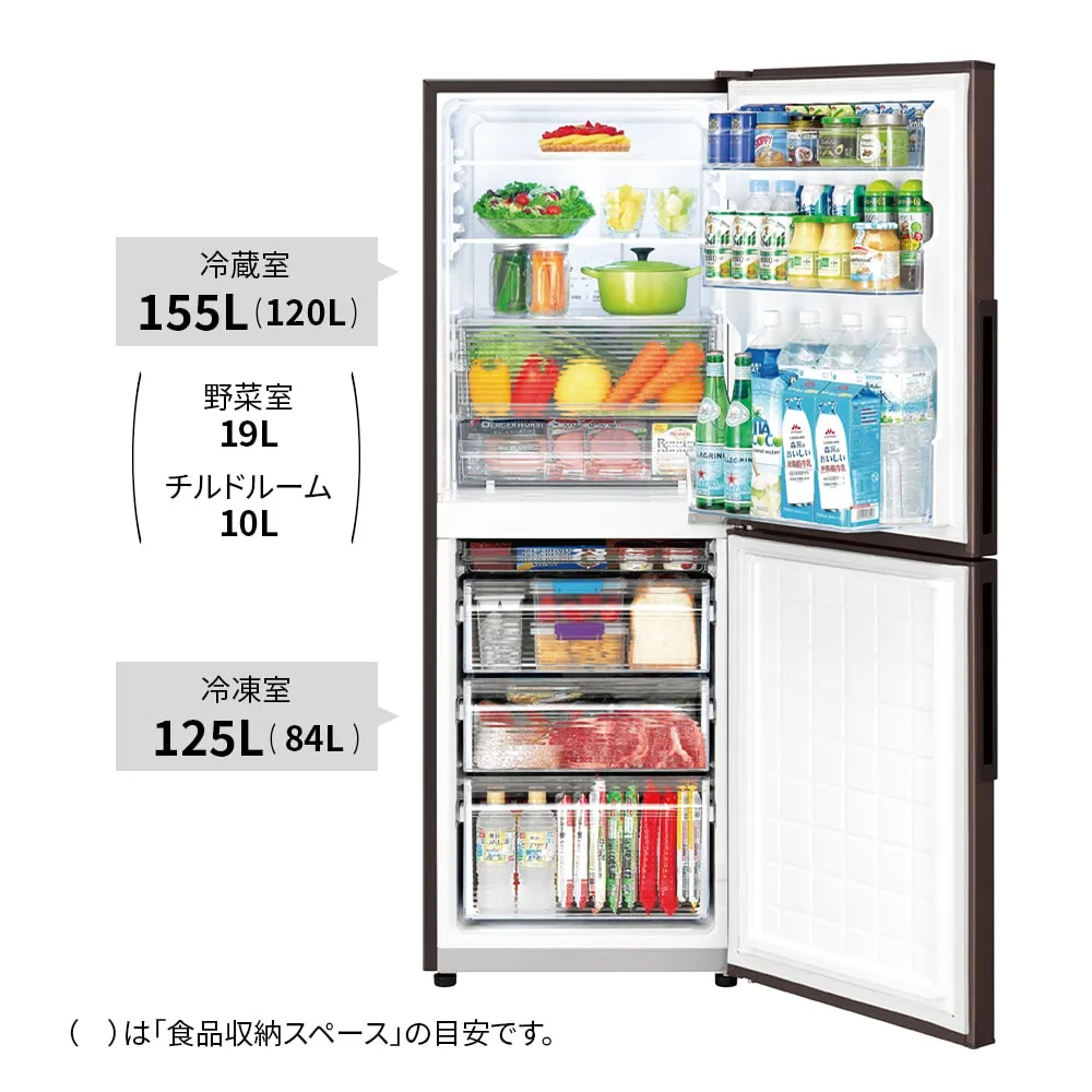 シャープSJ-PD28Rの扉を開けた公式画像と各室容量。冷蔵室155L、丸かっこ内120L。その内訳として野菜室19Lとチルドルーム10L。冷凍室125L、丸かっこ内84L。下部に、丸かっこは食品収納スペースの目安です、との凡例がある