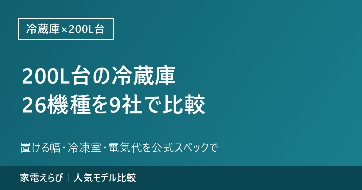 200L台（201〜299L）の冷蔵庫26機種を9社で比較する記事のアイキャッチ。置ける幅・冷凍室・電気代をメーカー公式スペックで比べることを記載している