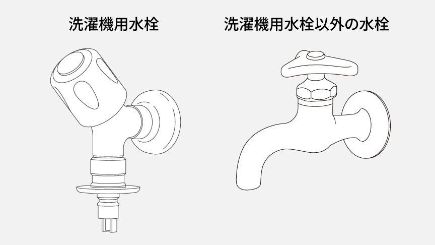 2種類の蛇口を並べた線画。左が洗濯機用水栓で、給水ホースを直接差し込む口が下向きに付いている。右は洗濯機用水栓以外の水栓で、先が曲がった一般的な蛇口の形をしている。