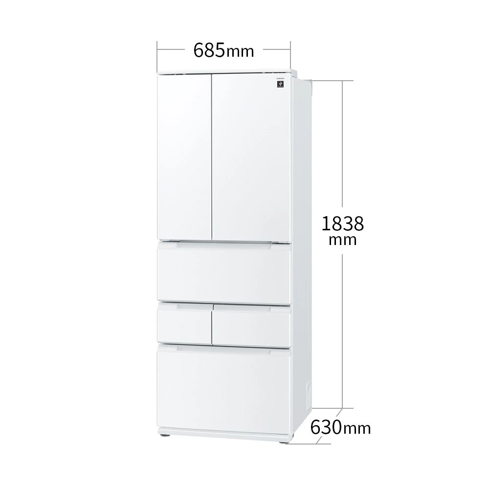 シャープ SJ-MF51R の外形寸法図。幅685mm、奥行630mm、高さ1838mm。上部の2枚の扉のあいだに柱がないピラーレスフレンチドアで、下は3段の引き出しになっている
