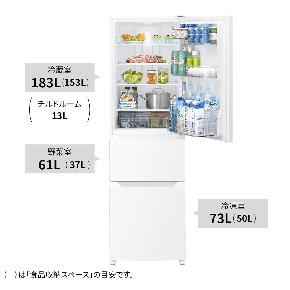 シャープSJ-PT32Rの扉を開けた公式画像と各室定格内容積。冷蔵室183L、丸かっこ内153L。チルドルーム13L。野菜室61L、丸かっこ内37L。冷凍室73L、丸かっこ内50L。下部に、丸かっこは食品収納スペースの目安です、との凡例がある