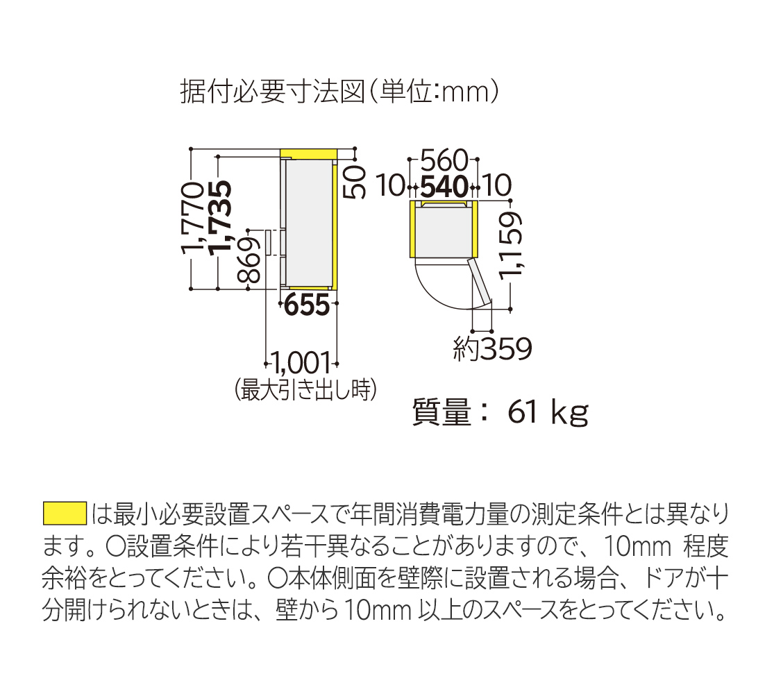 日立 R-V32X の据付必要寸法図。天面図には左右各10mmと本体幅540mmが示され、合計560mm。側面図には上方に50mmの余白が示され、高さの寸法線は1,735mmと1,770mmの2本が並記され、本体奥行は655mmと記載されている。ドアを開いたときの寸法1,001mm（最大引き出し時）、1,159mm、約359mm、質量61kgも並ぶ。図の下には「■は最小必要設置スペースで年間消費電力量の測定条件とは異なります。設置条件により若干異なることがありますので、10mm程度余裕をとってください。本体側面を壁際に設置される場合、ドアが十分開けられないときは、壁から10mm以上のスペースをとってください」という注記が印刷されている