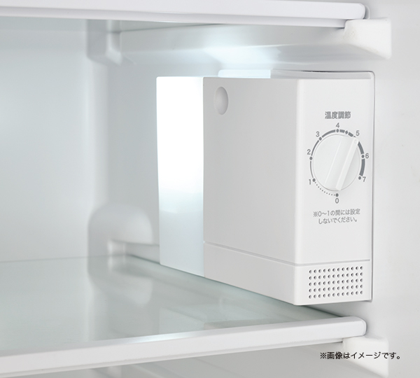 ハイアール JR-9A の庫内にある温度調節ダイヤルの写真。ダイヤルの上に「温度調節」と書かれ、周囲に0から7までの数字が並んでいる。ダイヤルの下に「※0〜1の間には設定しないでください。」と書かれている。写真の右下に「※画像はイメージです。」と記載がある。