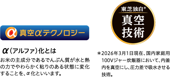 東芝公式の図。左に「真空αテクノロジー」のロゴと「α(アルファ)化とは お米の主成分であるでんぷん質が水と熱の力でやわらかく粘りのある状態に変化することを、α化といいます。」の説明、右に金色の丸いバッジで「東芝独自* 真空技術」と書かれ、その横に「*2026年3月1日現在、国内家庭用100Vジャー炊飯器において、内釜内を真空にし、圧力差で吸水させる技術。」という注記が付いている