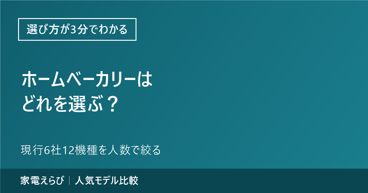 ホームベーカリーはどれを選ぶという記事の要点と、現行6社12機種を人数で絞るという副題、家電えらびのサイト名を記載したアイキャッチ画像