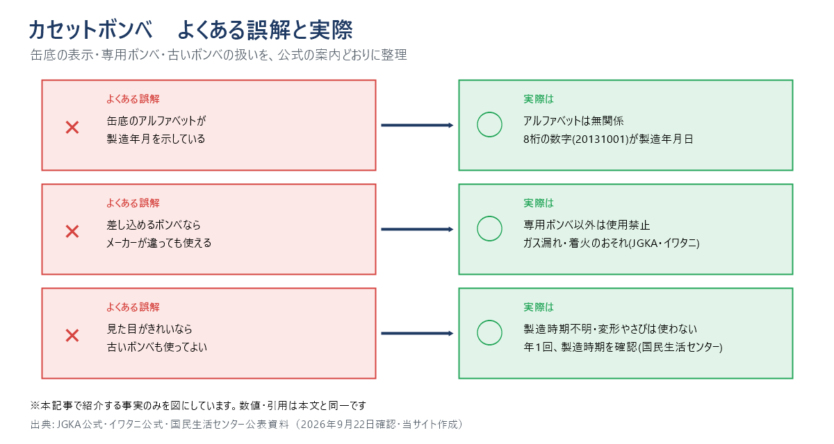 カセットボンベのよくある誤解と実際を示す図。缶底のアルファベットは製造年月日と無関係で8桁の数字(例:20131001)が製造年月日を示すこと、差し込めても専用ボンベ以外は使用禁止でガス漏れ・着火のおそれがあること、製造時期不明・変形やさびのあるボンベは使わず年に1回は製造時期を確認することを示す