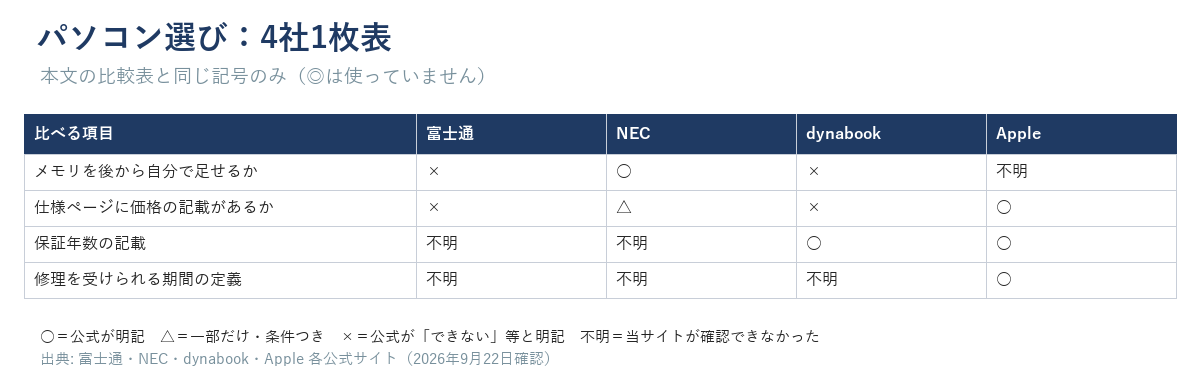 富士通・NEC・dynabook・Appleの4社を、メモリ増設・価格表示・保証年数・修理期間の定義の4項目で並べた表。記号は本文の表と同じ○△×不明。