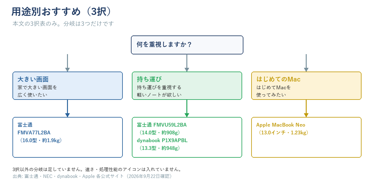 「大きい画面」「持ち運び」「はじめてのMac」の3択から、それぞれ富士通FMVA77L2BA、富士通FMVU59L2BA/dynabook P1X9APBL、Apple MacBook Neoにつながるフロー図。