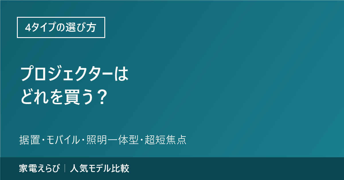 プロジェクターはどれを買う？という記事の要点と、据置・モバイル・照明一体型・超短焦点の4タイプという副題、家電えらびのサイト名を記載したアイキャッチ画像
