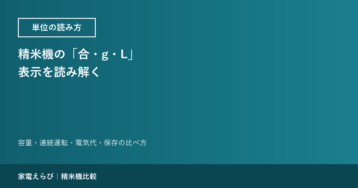 精米機の合・g・L表示を読み解く記事のアイキャッチ。単位の読み方というラベルと、容量・連続運転・電気代・保存の比べ方という副題を示す